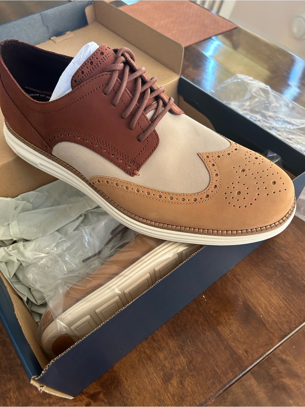 Cole Haan Tri-Tone Wingtip Oxford in Brown, Tan, and Cream